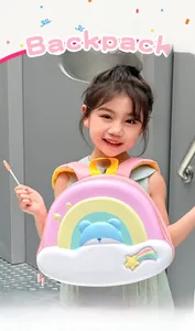 Pink egg-shell backpack with rainbow and blue bear patterns worn by a little girl