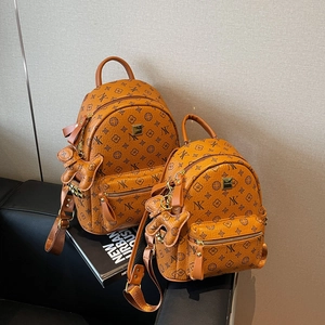 Brown monogram backpack set in large and small sizes with cute bear charm and leather texture