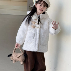 Handmade woven dog shoulder bag with white plush hooded coat and corduroy trousers for kids