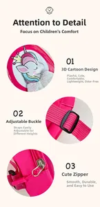 Detailed views of unicorn kids chest bag showing cartoon pattern, buckle, and metal zipper