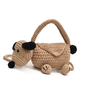 Handmade crochet khaki puppy shoulder bag for kids with cute 3D ears and top handle