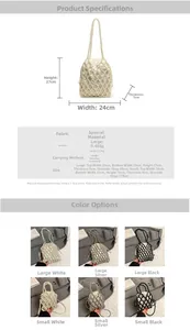 Detailed size specifications for metal bead bucket bags in various sizes and colors