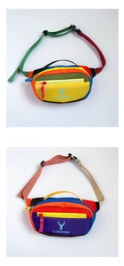 Detailed view of colorful patchwork kids chest bags with deer logo and adjustable straps