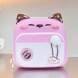 Close-up of hard shell pink kitten backpack with 3D sequin ears and cute meow badge