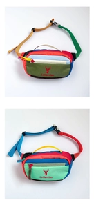 Close-up of color-block nylon kids chest bag with deer logo and adjustable straps