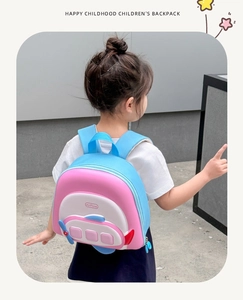 Detail of pink and blue airplane toddler backpack with padded shoulder straps