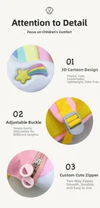 Detail of 3D rainbow pattern, adjustable straps and dual zippers on kids backpack