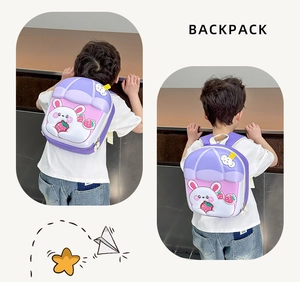 Detail view of the durable EVA hard shell and 3D rabbit design on kids backpack