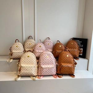 Women Fashion Backpack PU Leather Monogram Print Rivet Decor With Pendant Daily Travel Chic Elegant
