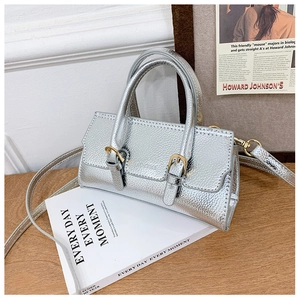 Detail of silver metallic handbag with lychee texture and gold hardware on a book