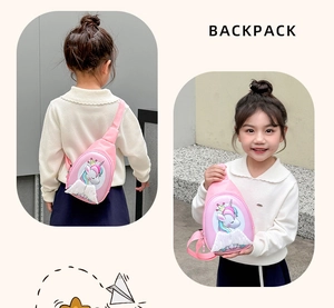 Detailed view of pink unicorn kids chest bag with sparkly sequin wings and adjustable strap
