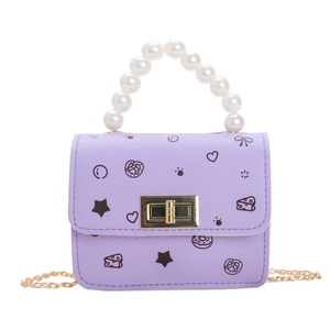 Mini borsa lavanda per bambina con manico di perle e tracolla a catena dorata