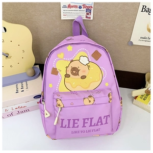 Detail view of purple Capybara backpack featuring a cute donut print and zipper texture