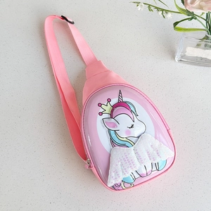 Close-up of pink unicorn chest bag with shiny 3D sequin wings and durable hard shell