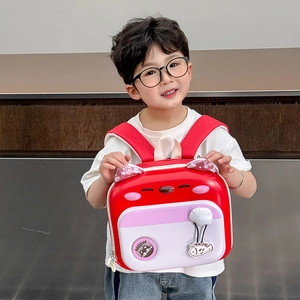 Cute red and white cartoon cat backpack for kids with 3D ears and fish charm pendant