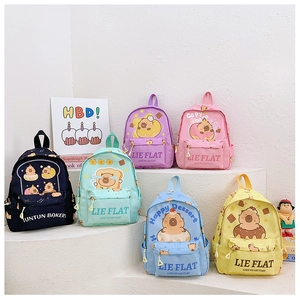 Detailed collection of colorful student backpacks featuring cute capybara cartoon prints