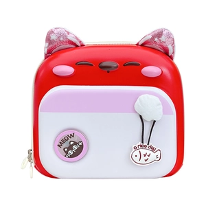 Red 3D cartoon cat school bag for kids with sparkling ears and a cute fish pendant