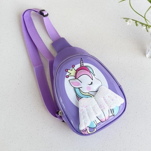 Detail of purple cartoon unicorn kids chest bag with 3D sequin wings and glossy finish