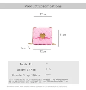 Detailed size chart for pink quilted PU leather heart crossbody bag with gold chain