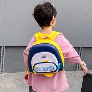 Cute lightweight airplane shaped toddler backpack in navy blue with yellow wings