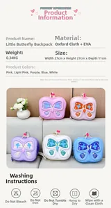 Detailed size chart and multi-color selection for butterfly kids backpack with EVA hard shell