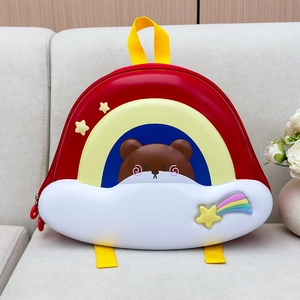 Detail of cute bear and colorful rainbow stripes on hardshell toddler backpack