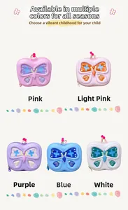 Grid display of butterfly-shaped kids backpacks in pink, purple, blue and white colors