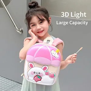 Cute pink 3D cartoon bunny backpack for kids with a hard shell milk tea cup design