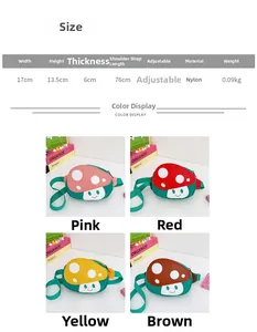 Size chart and dimensions for the cute mushroom-shaped nylon waist bag for kids