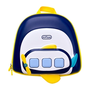 Cute airplane-shaped kids backpack for toddlers with blue hard shell and yellow accents