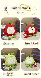 Details von apfelförmigen Plüschrucksäcken in Rot und Grün mit süßen Smileys