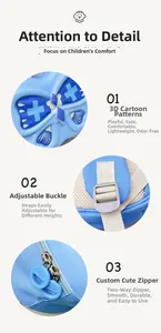 Detail of 3D butterfly pattern, adjustable buckle and dual zippers on blue kids backpack