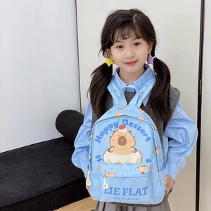 Cute light blue kids' Capybara backpack with cartoon animal print and front pocket