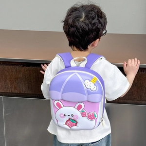 Cute bunny shell backpack for kids featuring 3D rabbit and strawberry designs in purple