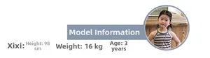 Detailed sizing chart showing a 3-year-old child model wearing a striped tank top
