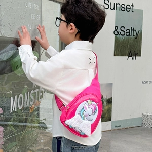 Pink cartoon unicorn chest bag for kids featuring sparkling sequins and adjustable strap