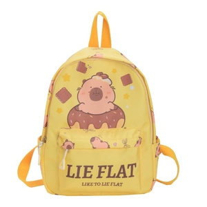 Bright yellow kids backpack featuring a cartoon Capybara on a donut with Lie Flat text
