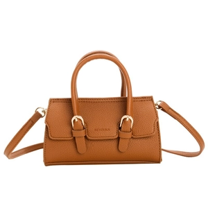 Brown litchi grain mini handbag with crossbody strap and gold metal hardware