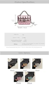 Detail view of mini quilted metallic PU leather bag with pearl handle and chain strap