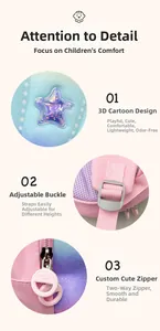 Detail view of 3D star pattern, adjustable buckle and custom zipper on kids backpack