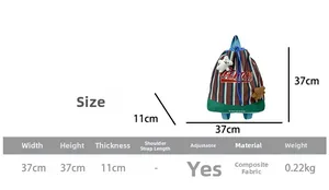 Detailed size chart for striped kids drawstring backpack measuring 37x37x11cm in durable fabric