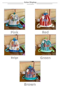 Multiple color options for striped canvas drawstring backpack with bear plush charms