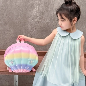 Toddler girl shell-shaped rainbow gradient backpack with sequin star and pink handle