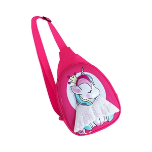 Cute pink unicorn chest bag for kids featuring sparkling wings and a gold crown