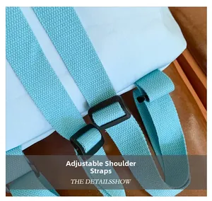 Detail of light blue backpack featuring adjustable nylon straps and durable plastic buckles