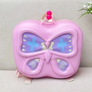 Detailed view of pink butterfly backpack with colorful EVA shell and soft fabric straps