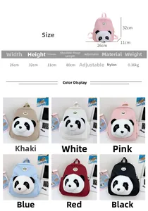 Size chart and color options for cartoon panda nylon backpack for kids and students