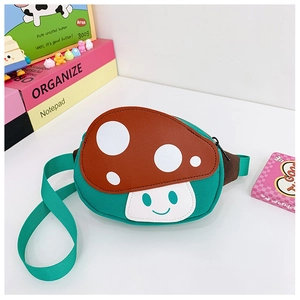 Detail of cute mushroom children's waist bag featuring green canvas and smiley embroidery