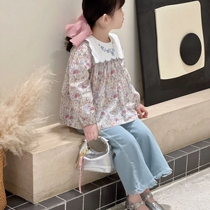 Girls floral long sleeve shirt and wide leg blue denim pants with wavy edges set