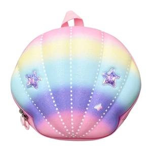 Rainbow gradient shell-shaped kids backpack with glitter star details on white background